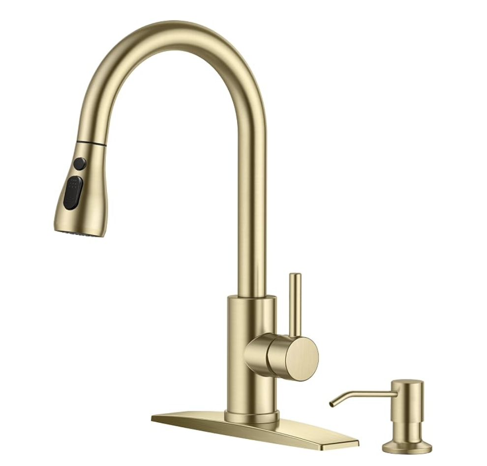 Pull-Down Kitchen Faucet with Soap Dispenser — Brushed Gold